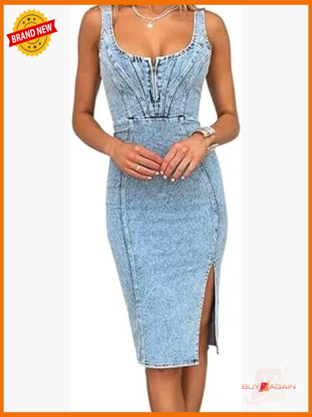 Sleeveless Side Slit Bodycon Midi Denim Dress For Women Club Night Out